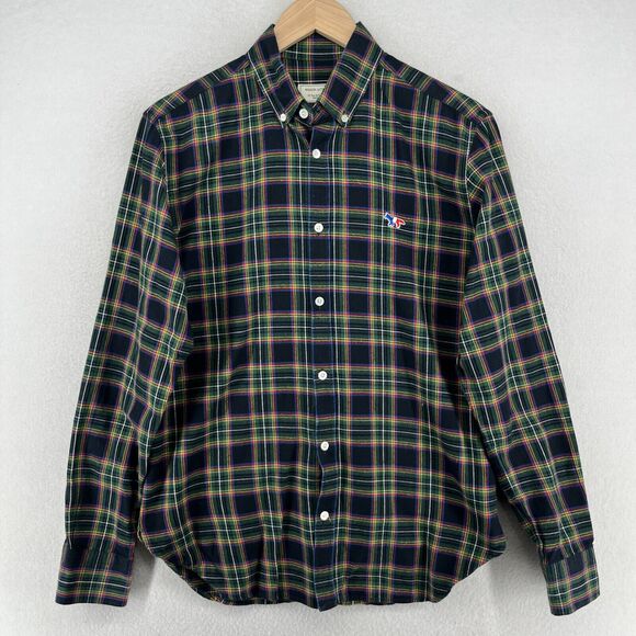 MAISON KITSUNE Shirt Mens 40 L Tartan Plaid Flannel Tricolor Fox Cotton Green - Picture 2 of 14